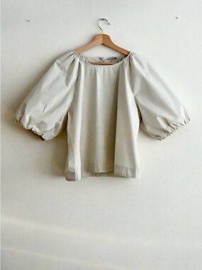 H&M Puff Sleeve Blouse Beige Cotton Top Minimal Romantic XL